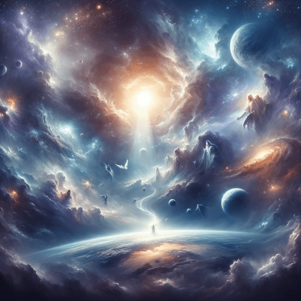 Fantasy celestial scene with planets, stars, and swirling clouds illuminated by a bright light in space.