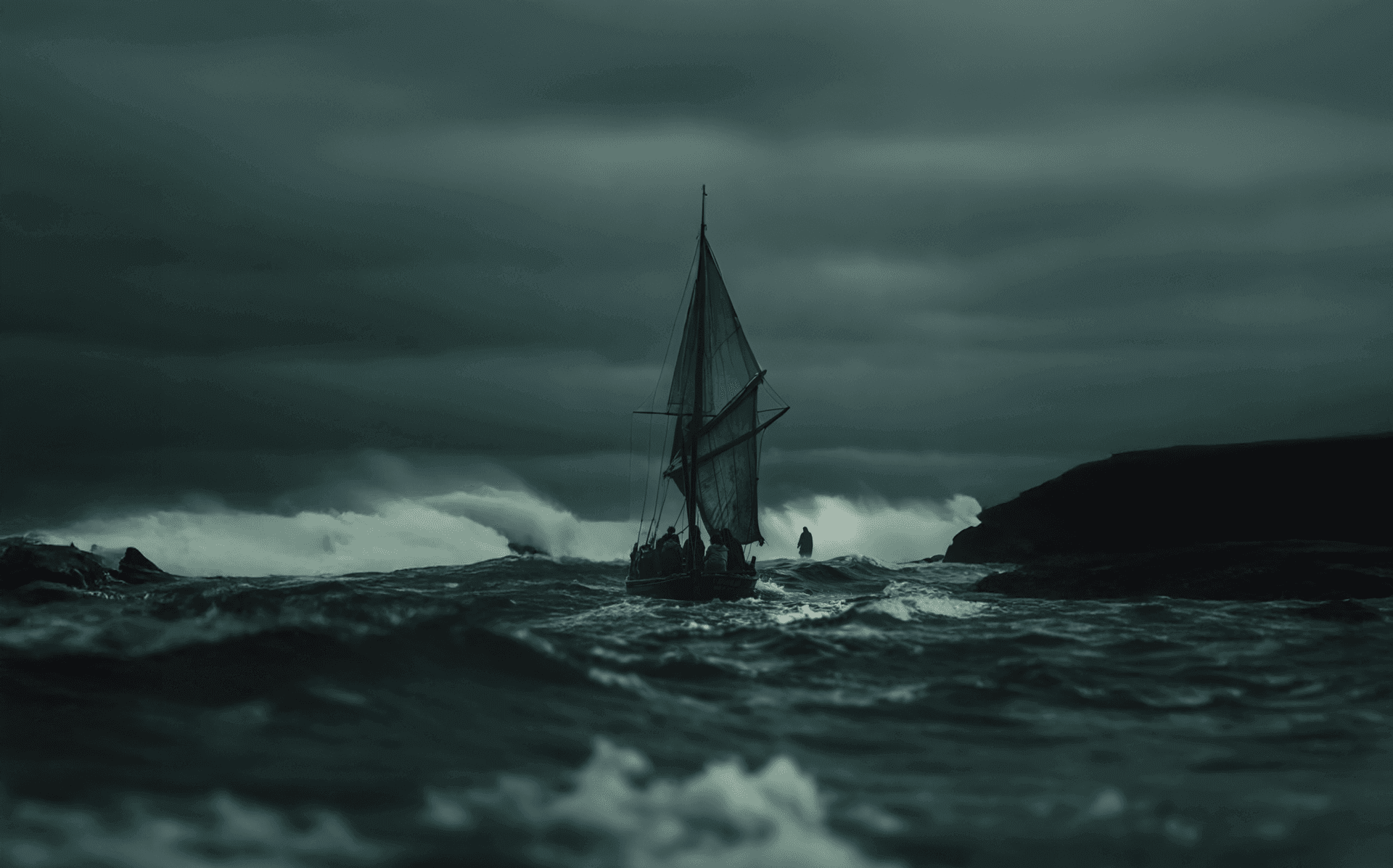 Sailboat navigating through rough waves under a stormy sky.