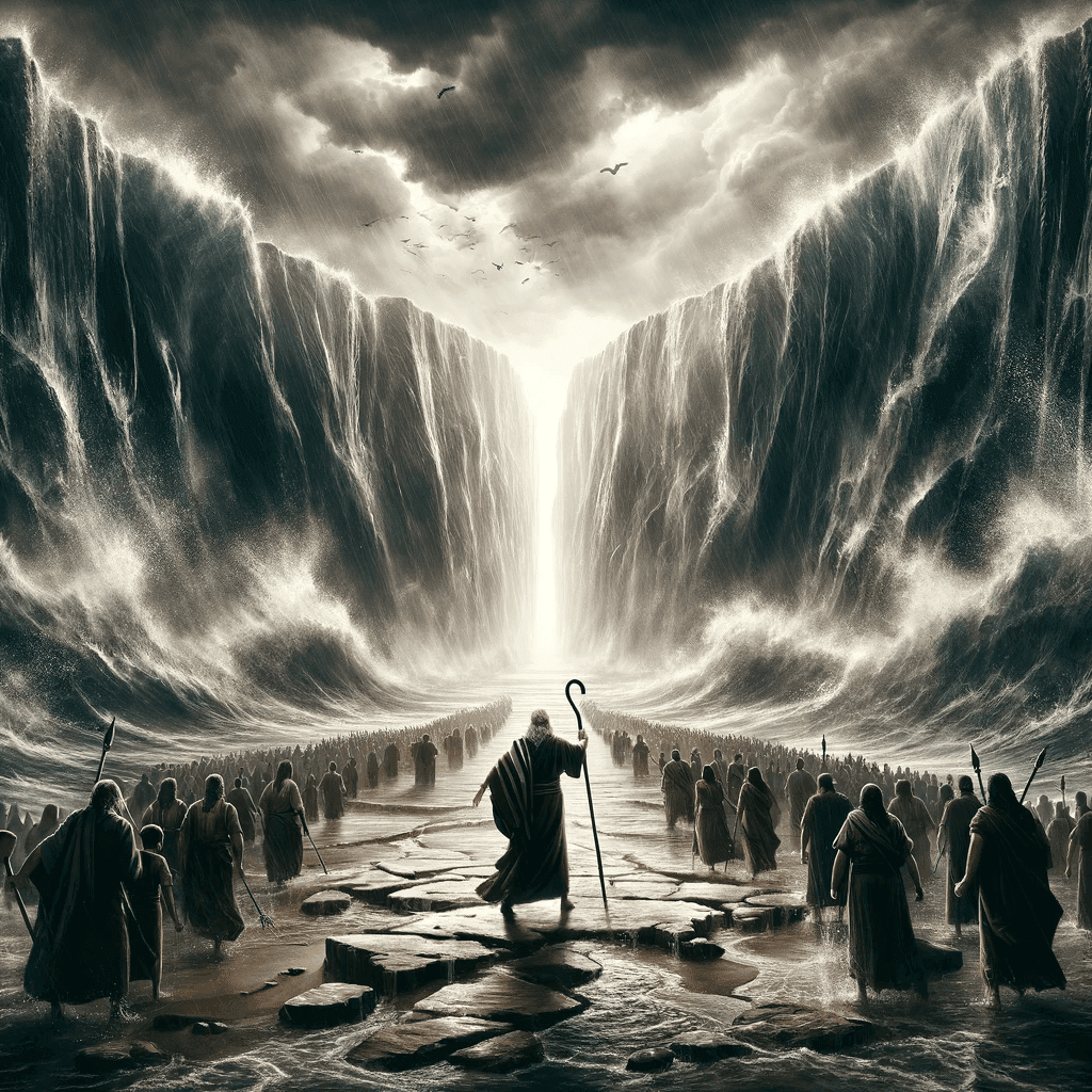 Artistic depiction of people walking through a parted sea with towering waves and stormy skies.