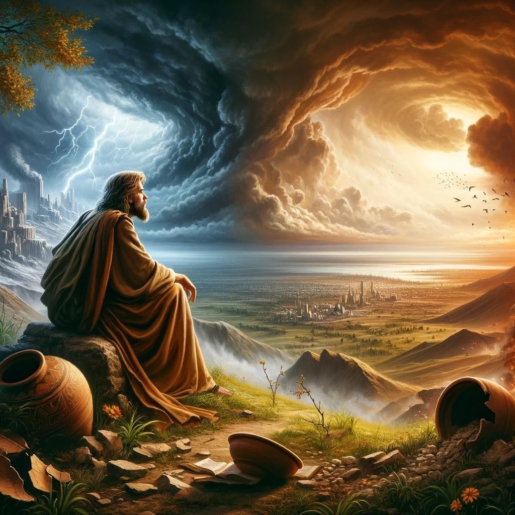 Man in robes sits on a hill, observing a landscape divided by stormy and sunny skies.