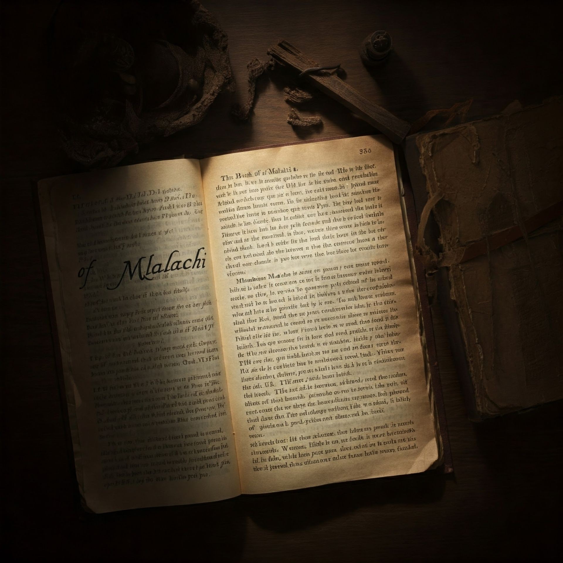 Open ancient book on Malachi with dim lighting and old objects nearby on a wooden table.